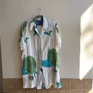 Women's White and Green Button Down Shirt
